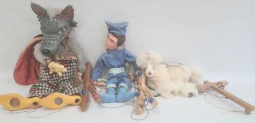 Big Bad Wolf puppet in grey, Pelham poodle puppet in yellow box and Thunderbirds puppet (3)