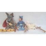 Big Bad Wolf puppet in grey, Pelham poodle puppet in yellow box and Thunderbirds puppet (3)