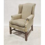 Wing back armchair, blue and yellow striped upholstery, fluted front legs