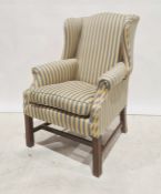 Wing back armchair, blue and yellow striped upholstery, fluted front legs