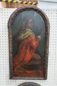 19th/ 20th century school Pair of oils on panel  Religious figures in red capes, one hold a cross,