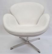 Pair of 20th century tub-type swivel chairs in white leather upholstery, chrome bases (2)