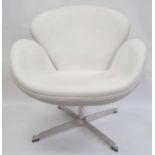 Pair of 20th century tub-type swivel chairs in white leather upholstery, chrome bases (2)