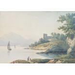 John Varley (1778-1842) Watercolour Lakeside landscape with two figures in foreground, signed