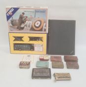 Quantity vintage small tins, OXO Cubes Waverley pen and others, a vintage ledger and a Corgi 50th