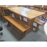 Pine trestle table and two benches (3)