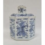 19th century Chinese hexagonal porcelain canister, underglaze blue dragon decoration and the
