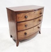 19th century bow-front chest of three long drawers, turned handles, splay bracket feet, 92.5 x 90.