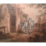 Pair of late Georgian small watercolour on print pictures, boy and girl with donkey and pony, 16cm x