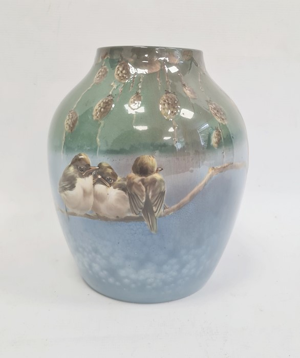 Doulton Titanian ware vase, painted with ‘Young Flycatchers’, circa 1920, printed black marks and