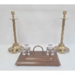 Brass, wood and glass desk stand with two square inkwells and brass arched handle and pair of