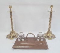 Brass, wood and glass desk stand with two square inkwells and brass arched handle and pair of