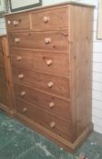 20th century pine chest of two short over five long drawers, on plinth base, 89cm x 131cm