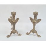 Pair of brass firedogs, each in the form of winged lion to the front support (2)