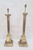 Pair brass Corinthian column table lamps, each on square base, each 63cm high to the top of the