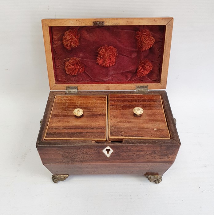 Georgian mahogany tea caddy, sarcophagus-shaped, pair brass floral basket and ring handles, fitted - Image 3 of 5