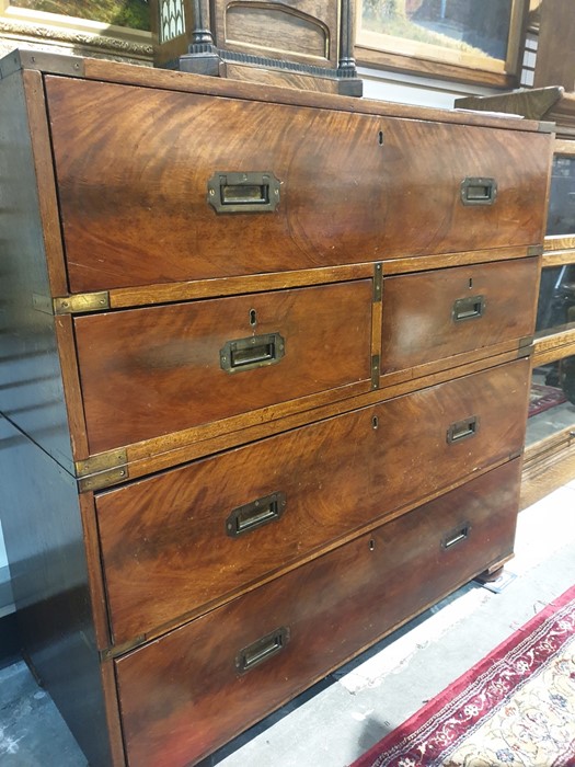 Late 19th century secretaire campaign chest, the rectangular top with brass bindings and plaque - Image 5 of 9