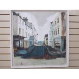 Camilla Dowse Oil on board Bedford street scene, label to reverse, 25 x 26cm
