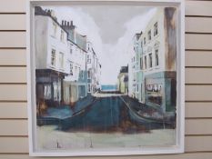 Camilla Dowse Oil on board Bedford street scene, label to reverse, 25 x 26cm