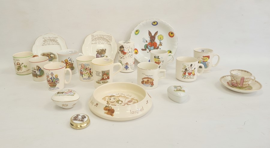 Collection of nurseryware pottery mugs, circa 1930 and later, variously printed and painted with