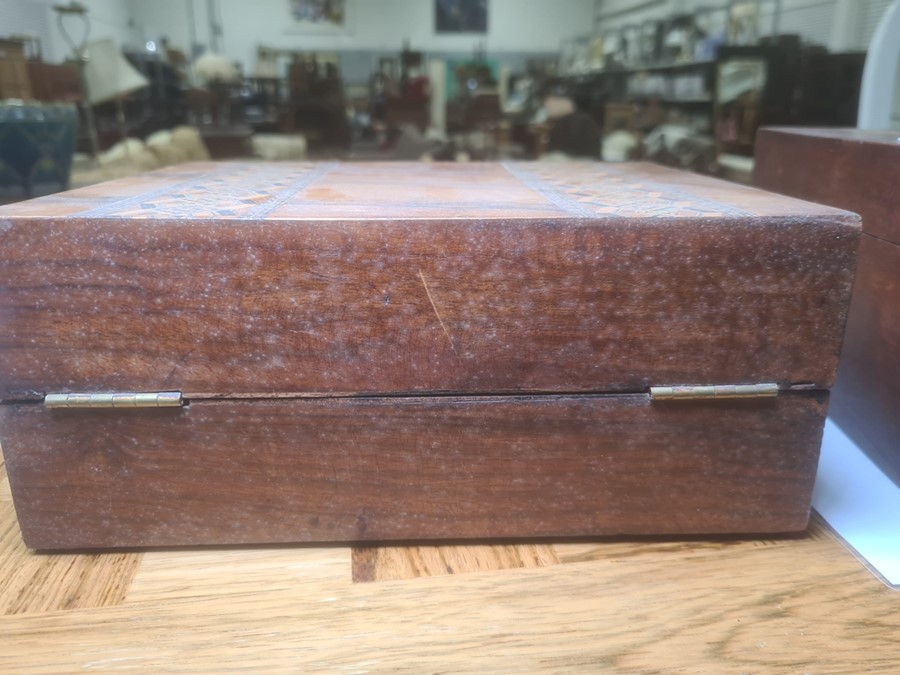 Victorian Tunbridgeware and walnut workbox with removable section tray, two bands of geometric - Image 22 of 23