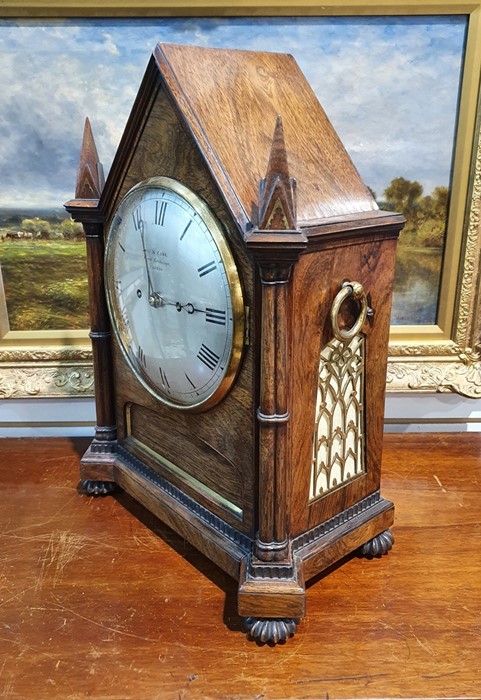 19th century rosewood bracket clock having pointed arched top and pointed square section finials, - Image 2 of 6