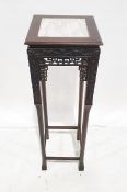 Oriental plant stand, the square top with white themed marble inset to the hardwood frame, carved