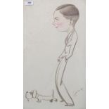 Belat(?) (mid 20th century)  Pair crayon caricatures  Dog-walking couple, signed, 48cm x 28cm (2)