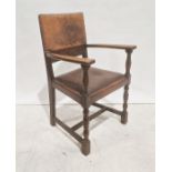 20th century oak framed leather-seated and backed armchair turned and block supports, stretchered