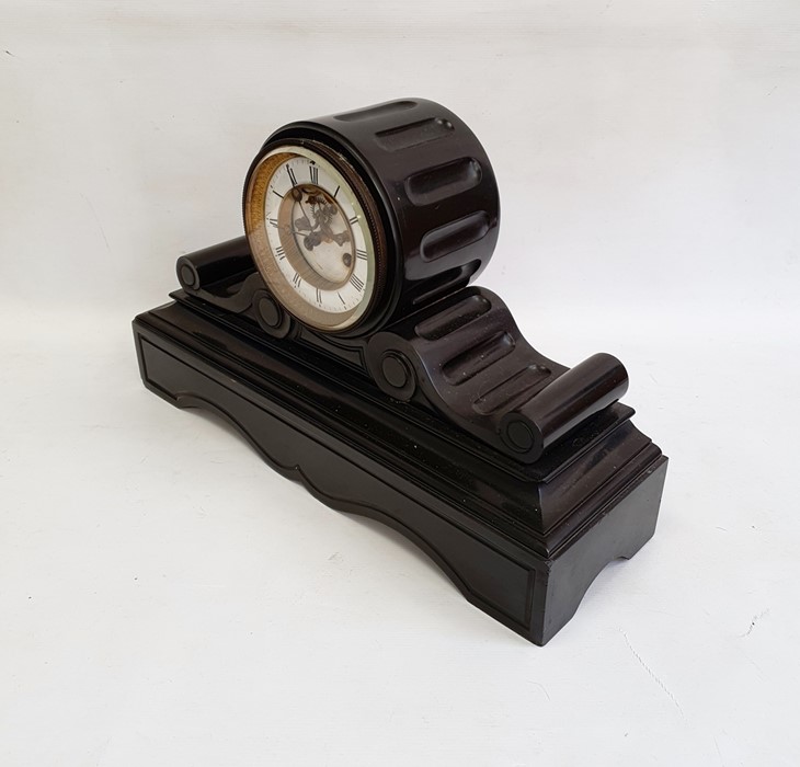 Victorian black slate mantel clock, drum-shaped movement, on scroll and shaped plinth base, with - Image 3 of 4