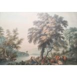 Light (?) Watercolour drawing River landscape, two figures seated with herd of cattle at water's