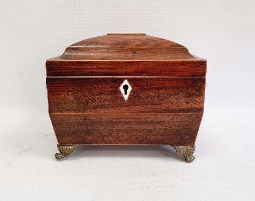 Georgian mahogany tea caddy, sarcophagus-shaped, pair brass floral basket and ring handles, fitted - Image 2 of 5
