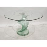 Modern glass breakfast table, the circular top on stepped glass spiral base, approx 120cm diameter