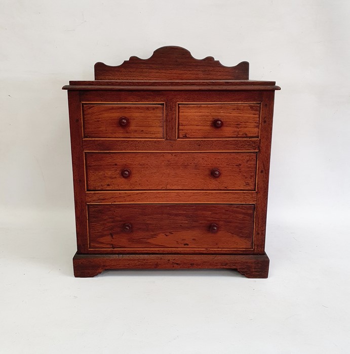 Stained wood miniature chest of drawers with raised shaped back, of two short and two long - Image 2 of 3