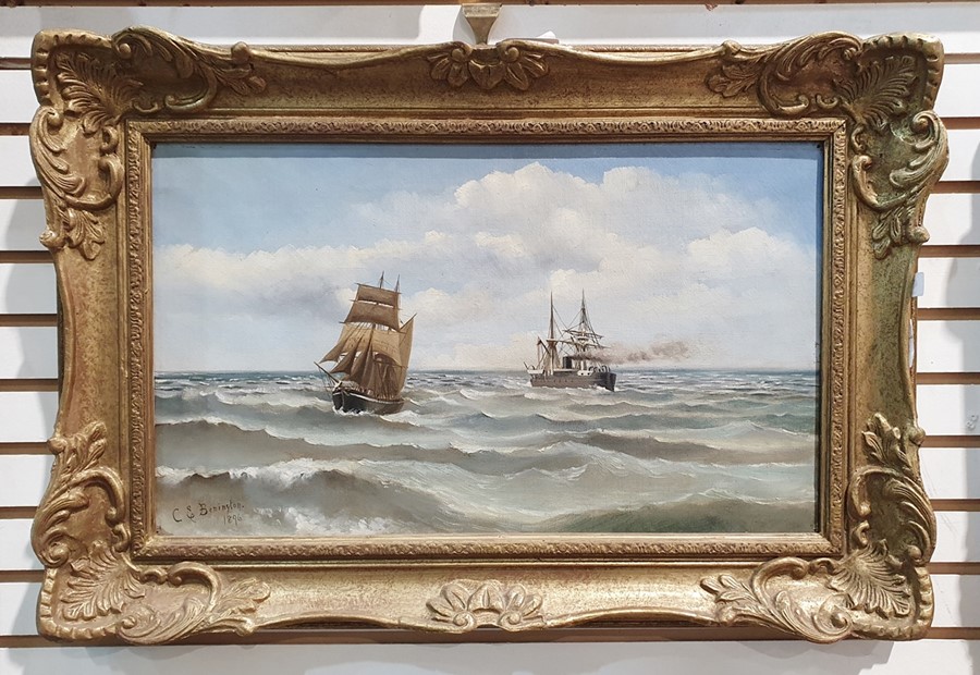 C.E.Benington (19th century)  Oil on canvas Ships at sea Signed and dated lower left 1896 29.5cm x - Image 2 of 3