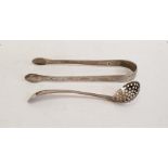 George III silver sugar nips, spoon end and bright cut engraved, possibly George Smith II and a