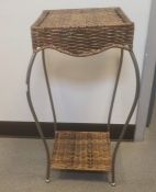 Modern two-tier steel and woven rush jardiniere stand