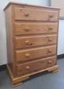 20th century pine chest of five long drawers, ogee bracket feet, 76cm x 103cm