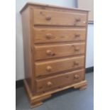 20th century pine chest of five long drawers, ogee bracket feet, 76cm x 103cm