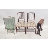 Brass and wire firescreen, a Sutherland table, two chairs and a child's wheelback chair (5)