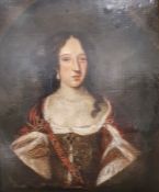 19th century school Oil on canvas Half length portrait of a lady wearing pearls, in red and white
