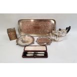 Silver plated teapot, a two handled silver plated tray and various other items