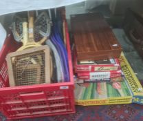 Quantity of vintage tennis racquets including Gravicentric, games to include Cluedo, Monopoly and