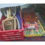 Quantity of vintage tennis racquets including Gravicentric, games to include Cluedo, Monopoly and