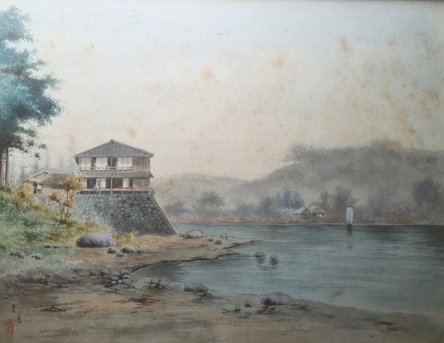 Chinese school Watercolour drawings Fishermen at the water's edge unloading fish, 23cm x 29.5cm