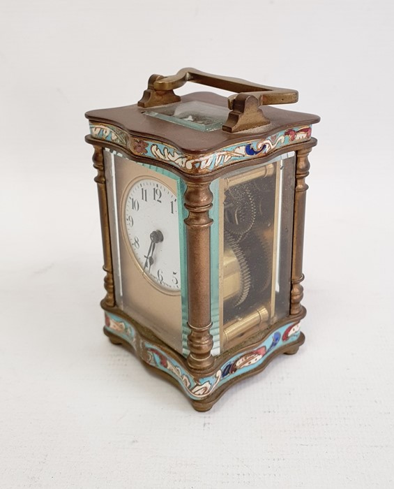 Early 20th century French miniature brass and enamel carriage timepiece with enamelled borders, 10. - Image 3 of 7