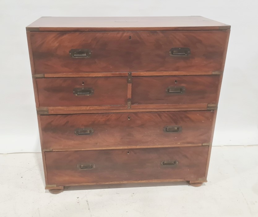 Late 19th century secretaire campaign chest, the rectangular top with brass bindings and plaque