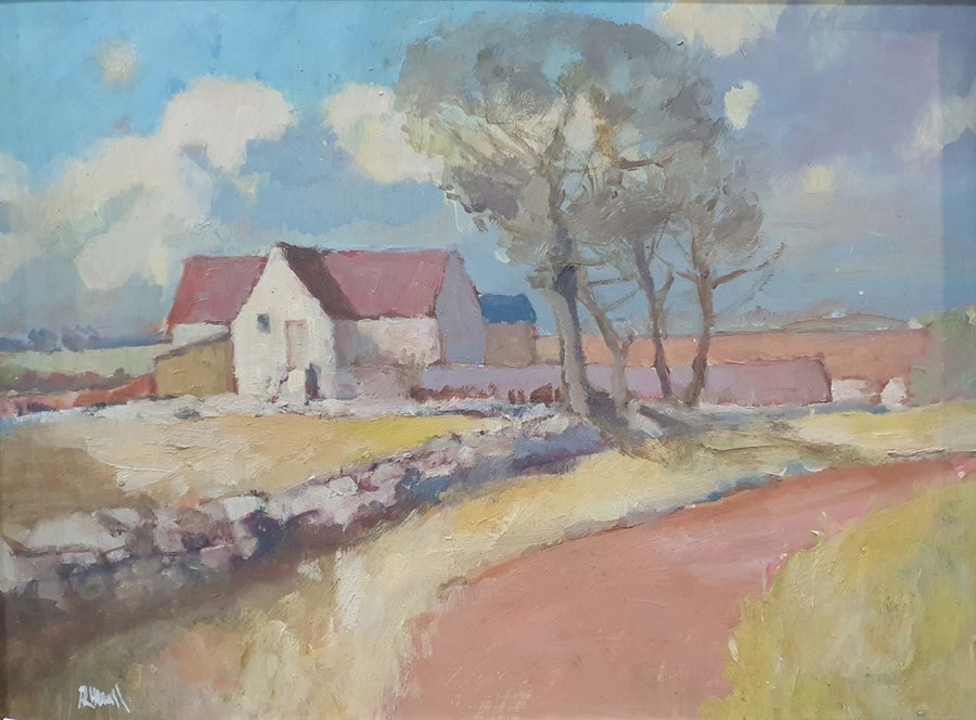 British school (20th century)  Oil on board Farmstead with trees, signed indistinctly lower left,