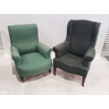 Two 19th century armchairs, one wing back, both in green covers and both with loose fitting