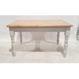 20th century pine kitchen table on cream painted base with turned legs, 85.5cm x 136cm